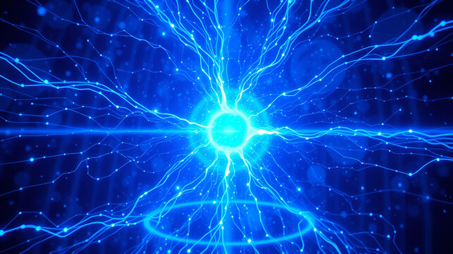 Blue energy of Hydrogen and Lithium. Futuristic quantum plasma particle fission photon and artificial intelligence. Alien nuclear synapse as robotic radioactive space time power supply in cyberspace.