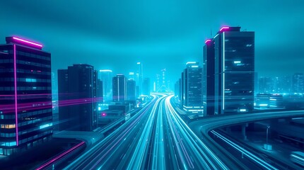 Fototapeta premium Futuristic Cyber City Night - Pink & Blue Light Trails