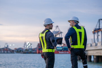 Industrial engineer workers operations marine port cranes loading and unloading of cargo ships...