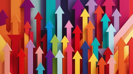Colorful 3D arrows pointing upward in vibrant tones, symbolizing growth, progress, success, and upward movement in a dynamic abstract background of direction and achievement

