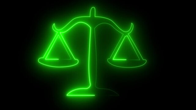 Green Neon Scales of Justice Symbol on Black Background Law Balance
