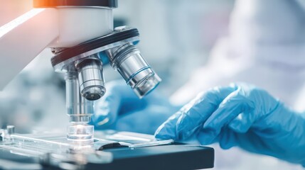 Close-up view of a scientist using a microscope in a laboratory.