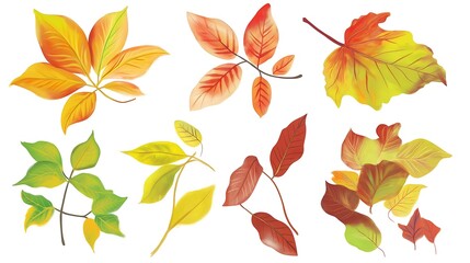 Obraz premium Vibrant Autumn Leaves Botanical Illustration: Nature's Palette of Organic Seasonal Foliage in Sunset Hues