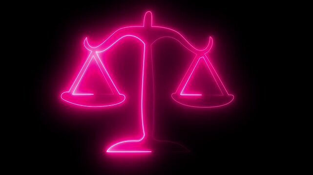 Neon Pink Scales of Justice Symbol Glowing Bright Pink Neon Sign on Black Background Law and Order Concept