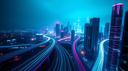 Fototapeta premium Futuristic Cyber City Night - Pink & Blue Light Trails