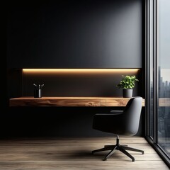 Modern workspace featuring wooden executive desk, leather chair, and decorative plant against moody black background

