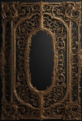 Black background, gold filigree, metallic accents, ornate border, background, black gold