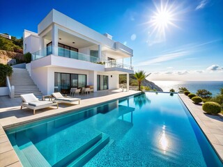 Fototapeta premium Luxurious White Villa by the Sea: Summer Vacation Destination Stock Photo