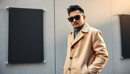 stylish asian man in beige coat and sunglasses standing with hand in pocket near grey wall, banner, studio lighting. isolated with white highlights