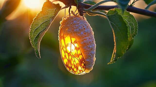 Sunrise, butterfly chrysalis on tree branch, nature's beauty