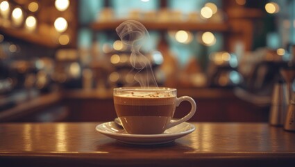 Fototapeta premium Cinematic Coffee Shop Keyframe, Vintage Film Coffee Aesthetic, Warm Coffee Shop Scene 