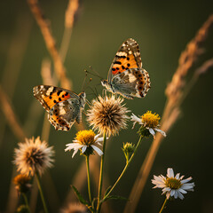 Obraz premium Painted Lady Butterfly on Wild Thistle and Daisies