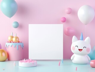 Cute Birthday Celebration Setup with Blank Canvas and Decorations