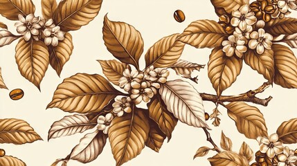 Fototapeta premium 68.An elegant design showcasing a seamless background of hand-drawn coffee leaves and flowers, intertwined with detailed bean illustrations, creating a rich and organic texture for digital and print