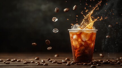 71.A dramatic 3D scene of iced coffee pouring into a clear takeaway cup, the liquid splashing with visible ice cubes inside, surrounded by coffee beans floating against a chalkboard backdrop for a
