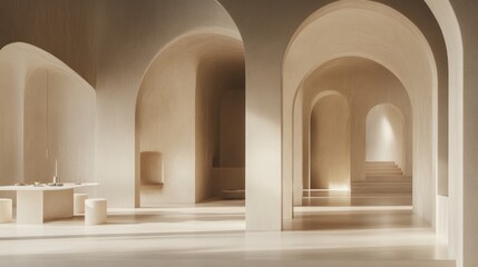 Beige arched interior design with natural light.