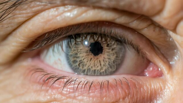 Close-up of human eye with light iris and dilated pupil. Ophthalmology examination, vision test, and eye health concept. Medical macro photography.