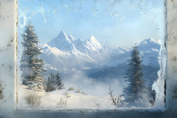 Winter mountain landscape viewed through a frosty window pane.