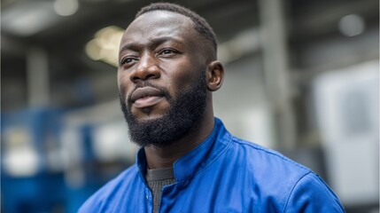Obraz premium A focused warehouse worker in blue uniform, embodying dedication in industrial labor 