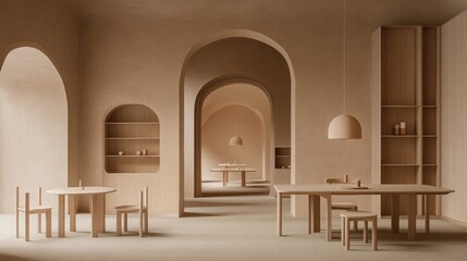 Fototapeta premium Beige interior design featuring minimalist wooden furniture.