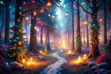 Fototapeta premium Magical Christmas Forest: Fairy Lights & Low Light Fantasy Scene
