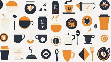 50.A geometric composition of coffee-related icons such as espresso cups, bean silhouettes, and swirling steam lines, designed in a clean, monochromatic palette for a sleek, minimalistic coffee shop
