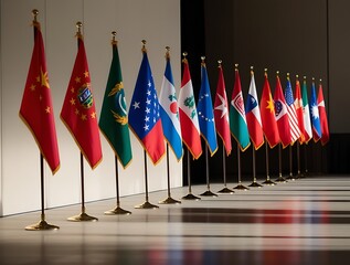 A row of international flags representing various countries displayed in a modern conference hall, symbolizing diplomacy, global unity, political cooperation, and cultural diversity.
