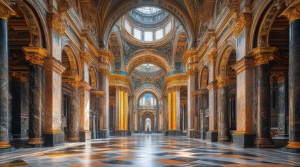 Ornate hall featuring imposing pillars, golden arches, and a checkered floor creates grandeur.