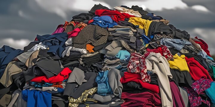 Massive pile of discarded clothing under cloudy sky represents fast fashion waste, textile pollution, and environmental impact of overconsumption in modern society.
