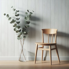 Minimalist Wooden Chair and Eucalyptus Branch in Bright Interior Scene
