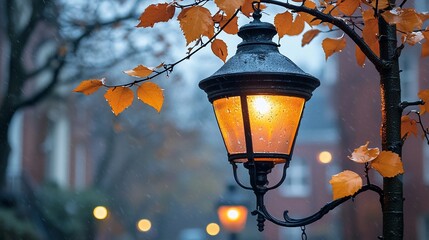 Autumnal street lamp in a rainy town