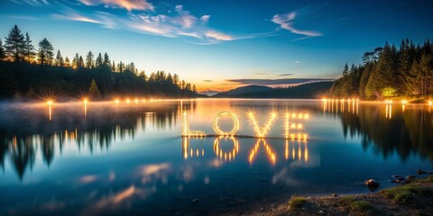 Obraz premium Serene Twilight Lake Scene Featuring Illuminated Word Love Reflected in Calm Waters