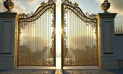Ornate golden gates leading to a bright horizon. Illustration of the gate to heaven or hell - Powered by Adobe
