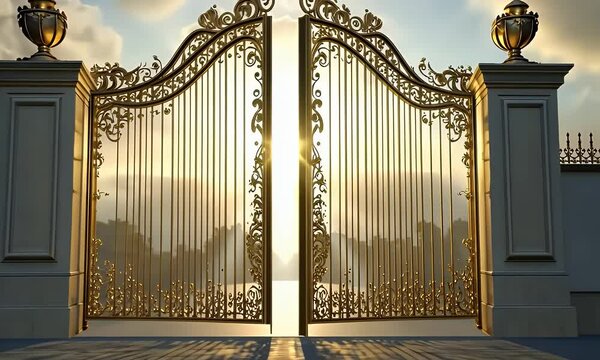 Ornate golden gates leading to a bright horizon. Illustration of the gate to heaven or hell