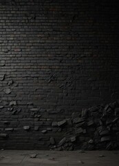 Dark, textured black brick wall; crumbling mortar, shadows, grunge ,  industrial,  wallpaper,  retro