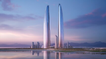 Modern skyscrapers at sunset reflected in water