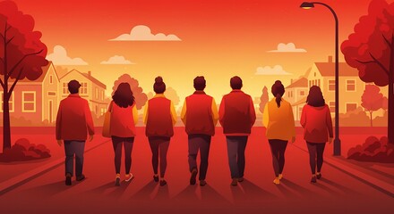 Fototapeta premium Back View of Six People Walking on a Street at Sunset