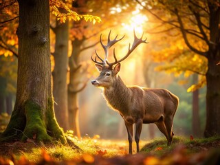 Majestic Stag in Autumn Woods: Velvet Antlered Deer Grazing Peacefully