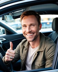 Happy man sitting in the driver seat of a car giving a thumbs up, symbolizing success, satisfaction, and positive driving experience in a modern vehicle environment
