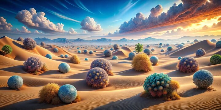 A surreal desert landscape featuring vibrant spherical flora amidst rolling sand dunes under a dramatic sunset sky