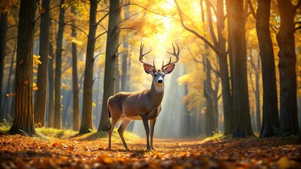 Majestic White-Tailed Deer in Lush Autumn Forest Landscape