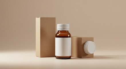 Brown Bottle with White Label and Two Boxes