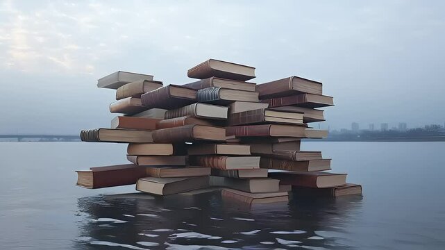 A surreal stack of books floating on water at dawn, with a city skyline in the background