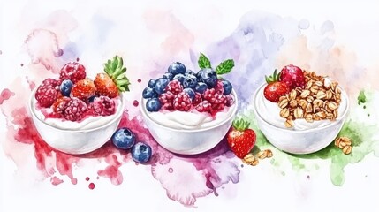 Watercolor Yogurt Bowls With Berries. Healthy Breakfast Concept.