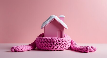Cozy pink house model wrapped in a thick knitted wool scarf, symbolizing home insulation, winter warmth, energy efficiency, and cozy protection in a minimalist pink background setting
