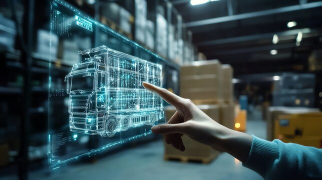 Closeup hand using AI software to optimize logistics and supply chain routes