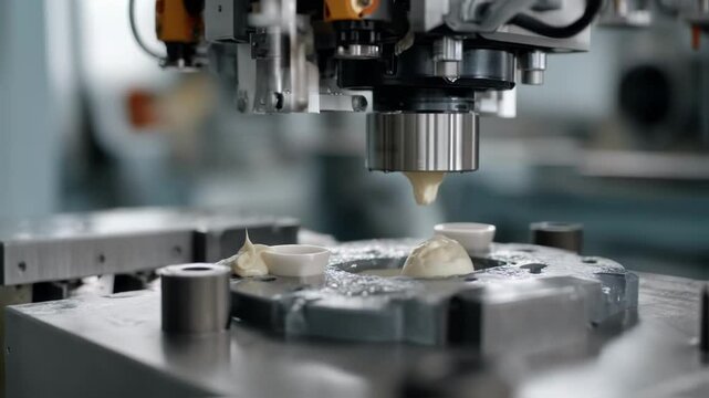 An overhead shot of a mold opening with newly formed plastic parts being ejected by an automatic ejection system.