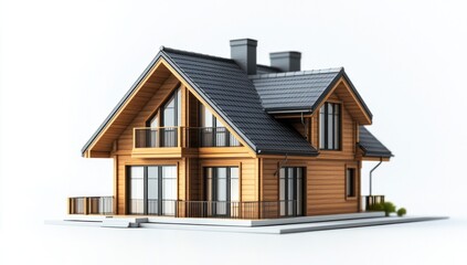 modern wooden chalet with dark roof tiles showcasing architectural precision against a neutral backdrop