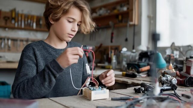A young inventor assembling a gadget in a workshop filled with tools focused intently as he adjusts its components.