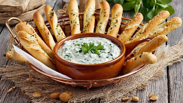 Garlic breadsticks with herb dip on rustic wooden table